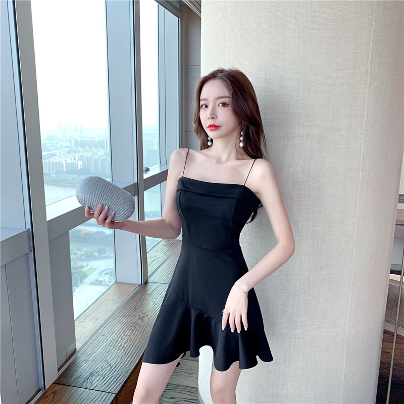 Real shot of new style small waist close slim suspender skirt sexy Korean black short skirt