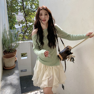 百搭修身 Berry 女长袖 斜肩显瘦抽绳针织衫 上衣 喜你而欢大庞定制