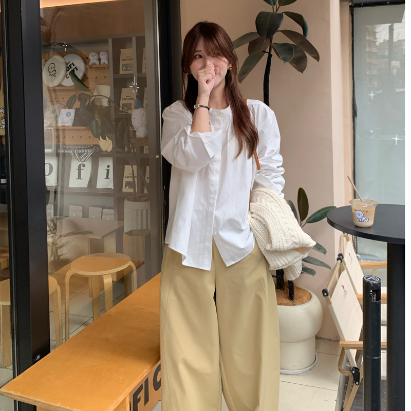 Berry 喜你而欢大庞定制 白色简约压褶圆领衬衫宽松百搭长袖上衣