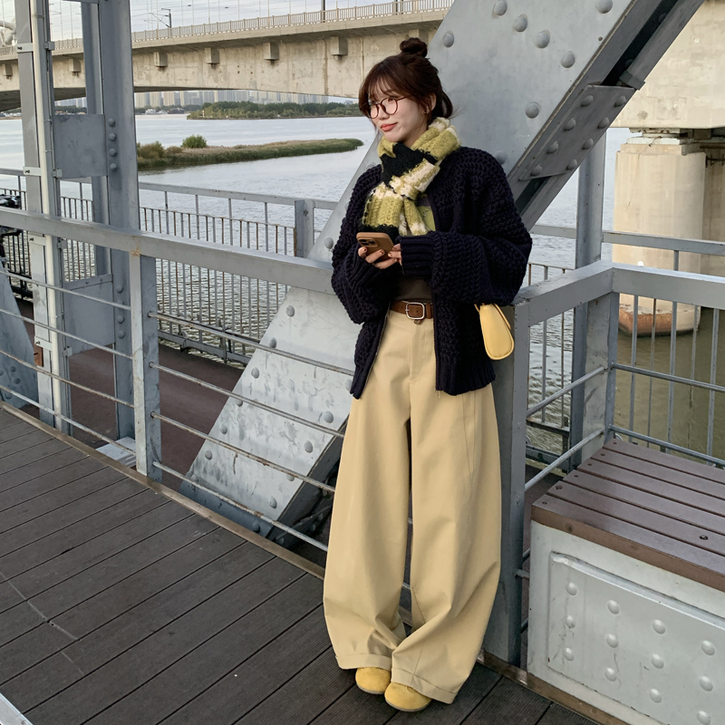 Berry 喜你而欢大庞定制 卡其高腰松弛感弯刀裤女百搭阔腿休闲裤