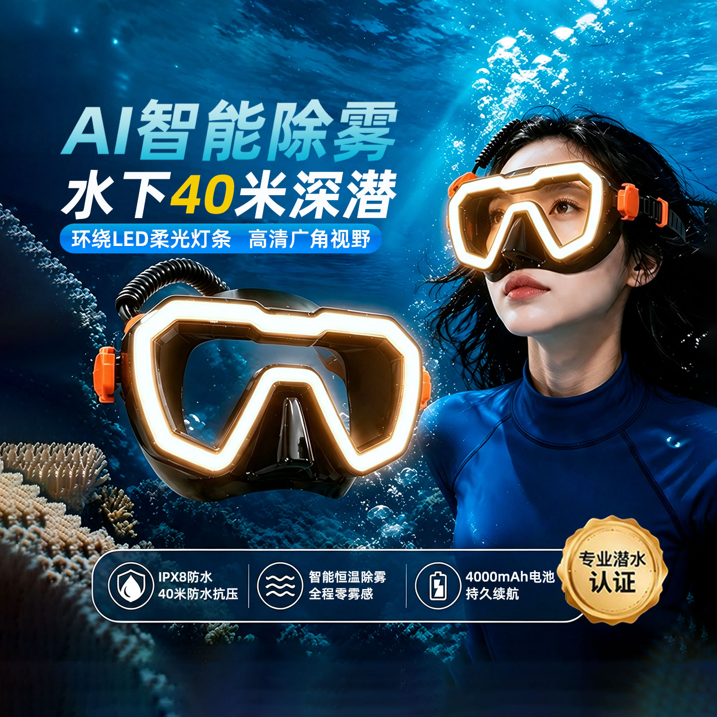 海蛙加热除雾潜水专业防水护目镜