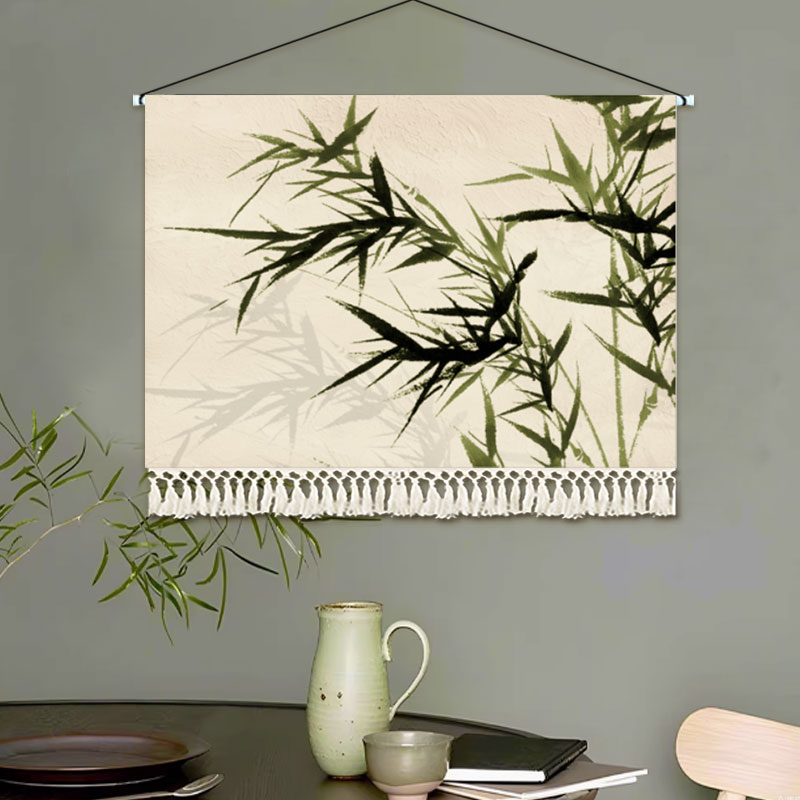 中古风竹子茶室布置装饰画挂毯中式复古沙发客厅背景墙挂画布艺图片