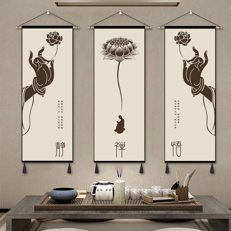 新中式佛手莲花布艺挂画禅意卧室书房挂毯民宿客厅装饰画挂布墙布