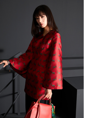 扶郎2024设计师原创店 新款日系和风 喇叭袖提花红色少女旗袍短裙