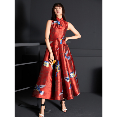 原创新中式锦缎提花修身旗袍礼服