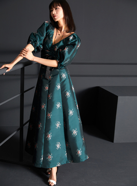 扶郎2024原创自制 法式公主袖秋季墨绿色高腰长裙 提花气场两件套