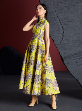 扶郎 原创新中式织锦缎提 花复古时髦修身超大摆礼服裙旗袍连衣裙