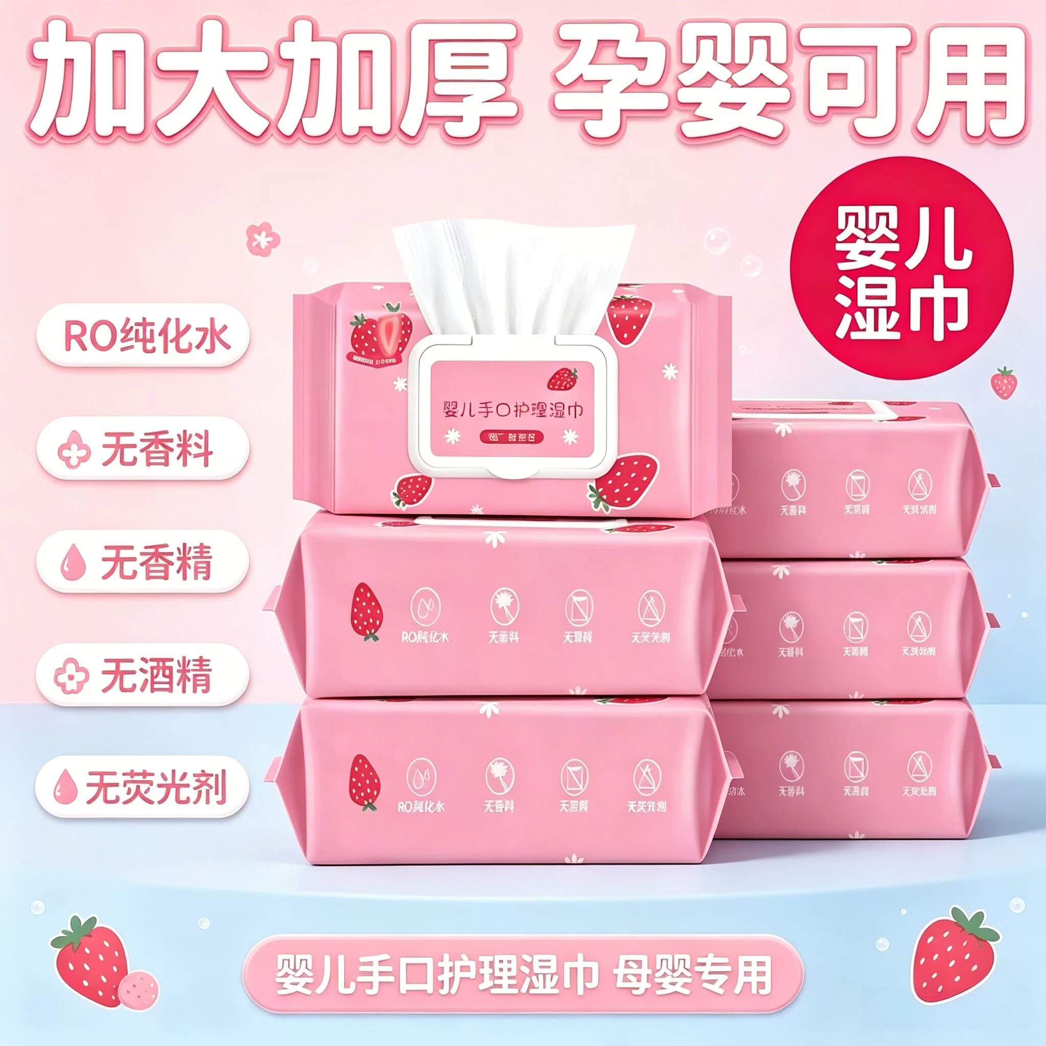 草莓婴儿湿巾大包装宝宝亲肤手口屁专用纯水家用湿纸巾家庭实惠装