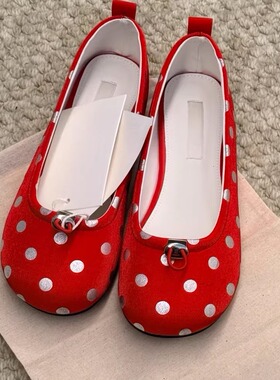 法式波点玛丽珍鞋女芭蕾风春季新款红色圆头一脚蹬内增高浅口单鞋