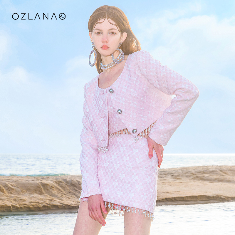 Ozlana人鱼落泪迷你裙花呢时尚套装春夏2023年新款小香风高级感