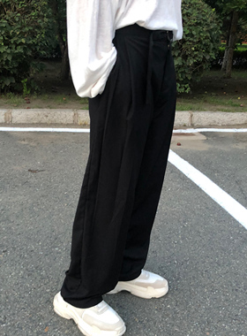 AaNn normcore 黑色混纺腰带休闲长款宽松西裤