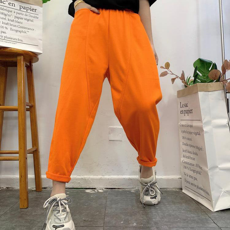 21新款休闲卫裤女宽松大码纯棉哈伦裤自然腰百搭显瘦彩色运动长裤