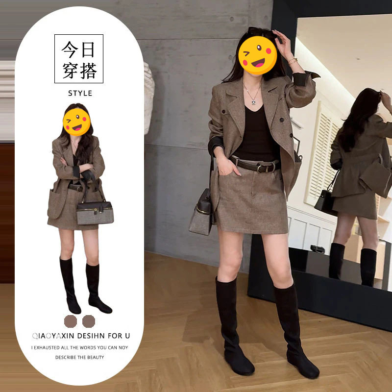 单件/秋季老钱风西装气质翻领双排扣西装外套高腰A字短裙女装潮流