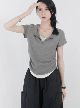 设计感小众假两件短袖t恤女2026年夏季新款洋气修身显瘦拉链上衣