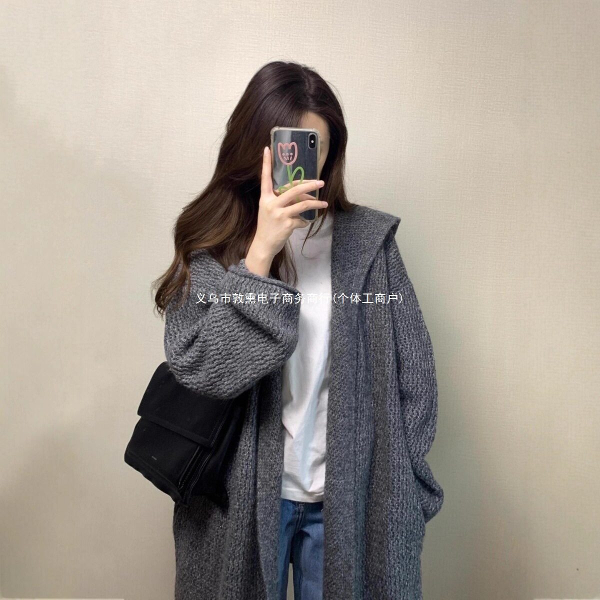 灰色中长款连帽毛衣外套女早秋季韩系气质宽松慵懒松弛感针织开衫