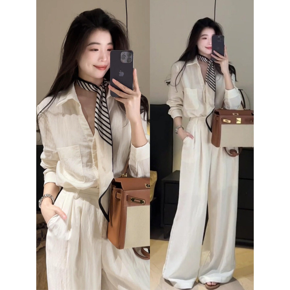 韩系2025轻奢一整套女白色显瘦衬衫上衣小个子直筒拖地休闲裤套装