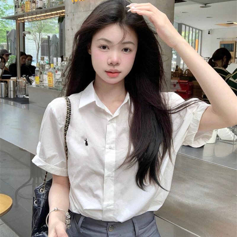 学院风刺绣短袖衬衫女装