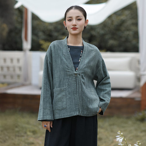 鹿与安笛秋季新款女装棉麻外套新中式扎染系带苎麻上衣复古外搭