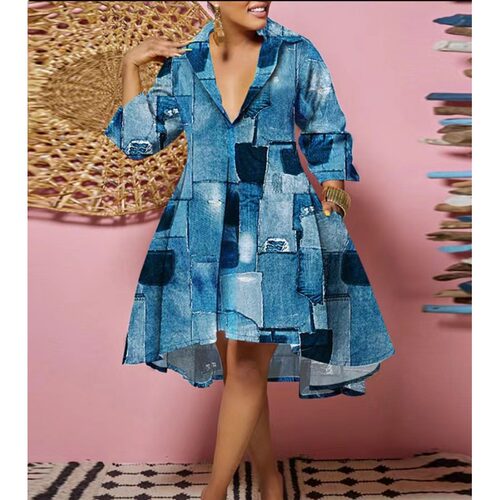 欧美速卖通2023新款衬衫V领宽松时尚印花连衣裙女 women dress