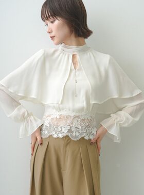 日韩版 跨境女装2026春秋新款OL通勤蕾丝下摆斗篷设计透视衬衫