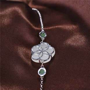 S925银镶玉天然新疆和田玉碧玉手链蛋面手串纯银镶嵌女士手饰3132