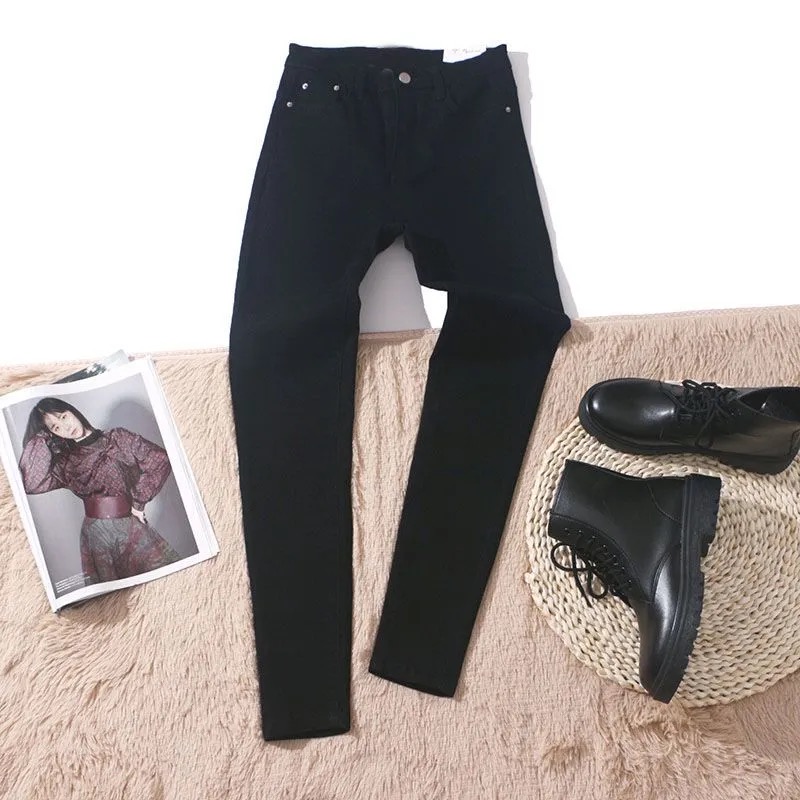 通勤风黑色牛仔裤高腰修身显瘦