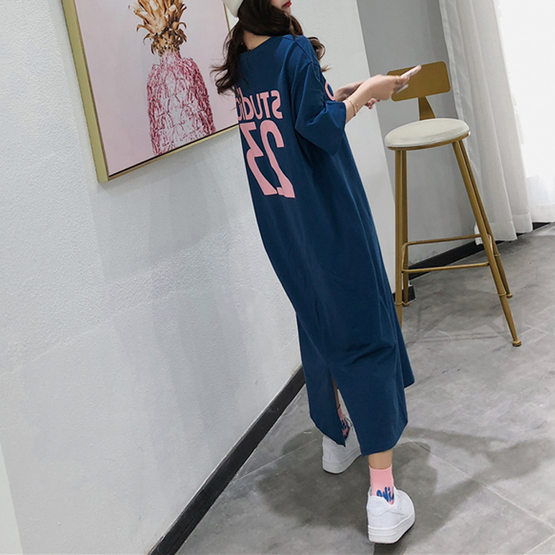 韩版夏季欧货大版字母后开叉宽松大码T恤连衣裙超长款过膝长裙女限5000张券