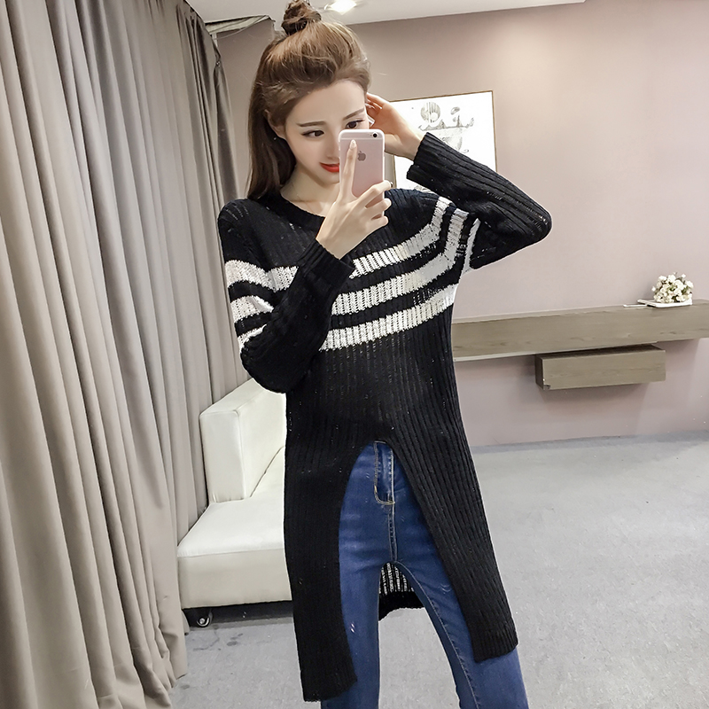 Sweater autumn 2018 new Korean version versatile contrast stripe long sleeve front split medium long sweater top fashion