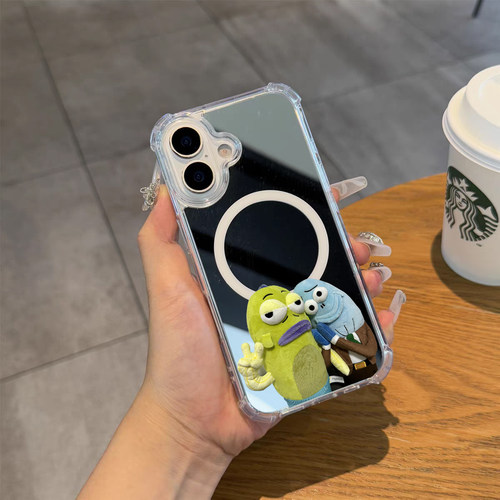 公仔酷酷鱼镜面手机壳适用苹果iPhone17promax苹果16磁吸华为Mate70可爱小米15奢华13丑鱼P80镜子三星S25情侣
