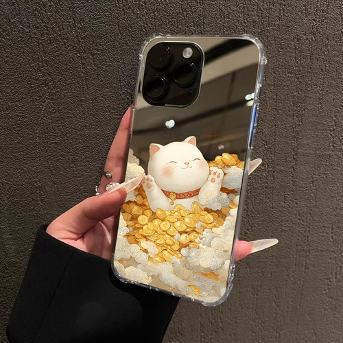 招财小猫手机壳适用iPhone16promax苹果13发财好运OPPOReno14三星S25华为Mate70镜面荣耀小米15黄金万两VIVO