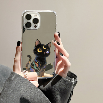 好运小黑猫镜面手机壳适用华为P90pro max招财玄猫Mate60苹果17proOPPOReno15VIVOS20小米14三星S25情侣款