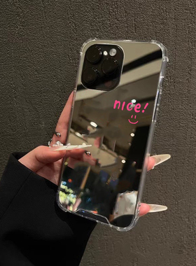 极简nice手机壳适用iPhone17promax苹果16pro笑脸Happy12补妆镜面15/8plus情侣款xsmax英文RichXR个性6P/1413