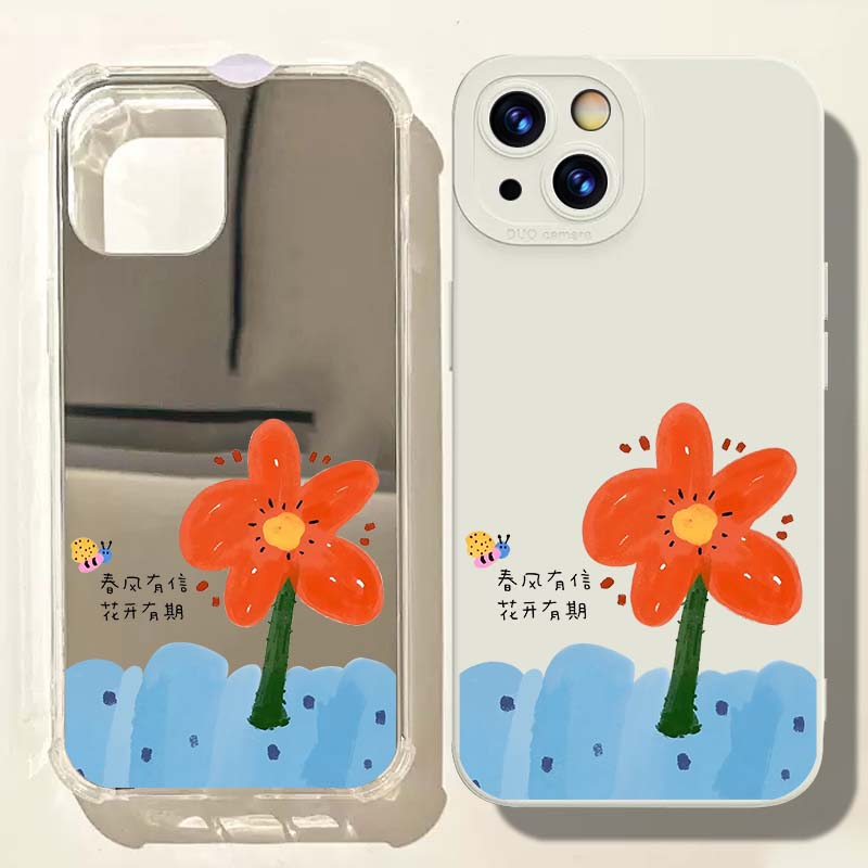 春天花朵蜜蜂镜面手机壳适用苹果iPhone16promax荣耀90简约华为Mate70情侣款小米15OPPO情侣VIVOS20三星S25