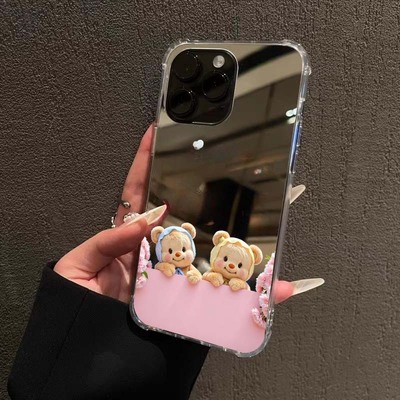 卡通小熊镜面手机壳适用苹果iPhone16promax荣耀90华为Mate70补妆镜小米1514OPPO可爱卡通VIVOS20情侣三星S25