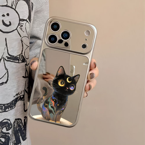 招财玄猫镜面手机壳适用苹果iPhone17pro max补妆镜子苹果16pro高级感15好运猫咪13可爱1412情侣款11发财暴富