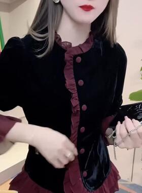 复古V领长袖金丝绒衬衫女秋冬新款木耳边拼接打底衫时尚黑色上衣t