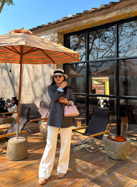 【惠姐私服】白色高腰阔腿牛仔裤宽松高腰设计感拖地直筒裤 83503