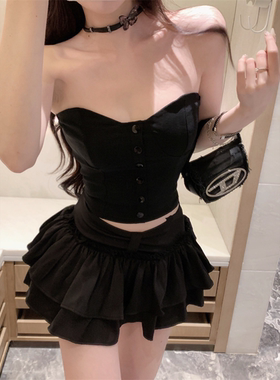 美式复古黑色短款修身辣妹抹胸女夏季性感夜店蹦迪露脐上衣打底衫