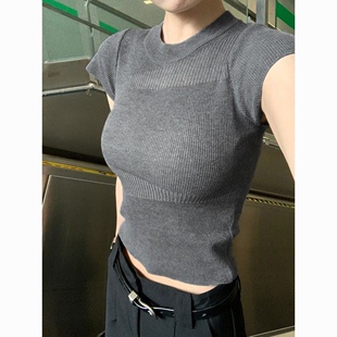 韩系小圆领镂空针织短袖 甜辣正肩显瘦T恤打底上衣 女2026春夏修身