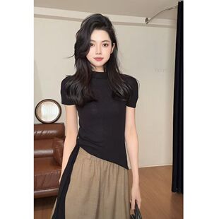 高级感蓝色正肩短袖t恤女士夏季2026新款不规则绑带上衣短款修身