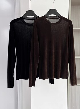 潮牌2026新款长袖圆领T恤上衣春季时尚百搭显瘦丝绒打底衫上衣