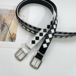 黑白棋盘格皮带男女菱形双缝线INS潮流裤带百搭韩系中古质感腰带