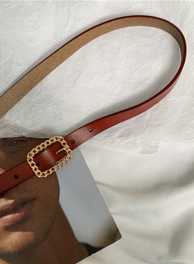 大Eees 香香链条真皮细腰带ins复古简约女士装饰百搭牛皮方扣皮带