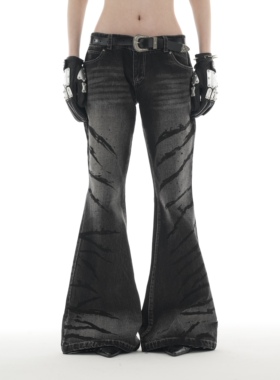 TEAMGEEK 低腰荆棘条牛仔长裤朋克90S做旧拉腿复古修身拖地喇叭裤
