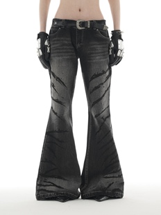 拖地喇叭裤 朋克90S做旧拉腿复古修身 低腰荆棘条牛仔长裤 TEAMGEEK