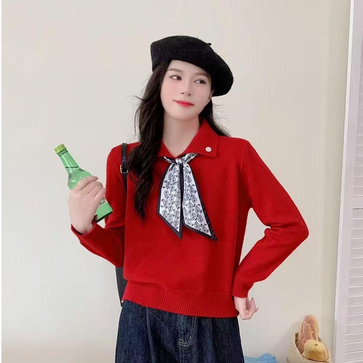 2025秋季新款韩版丝巾翻领百搭宽松显瘦polo领针织衫女毛衣