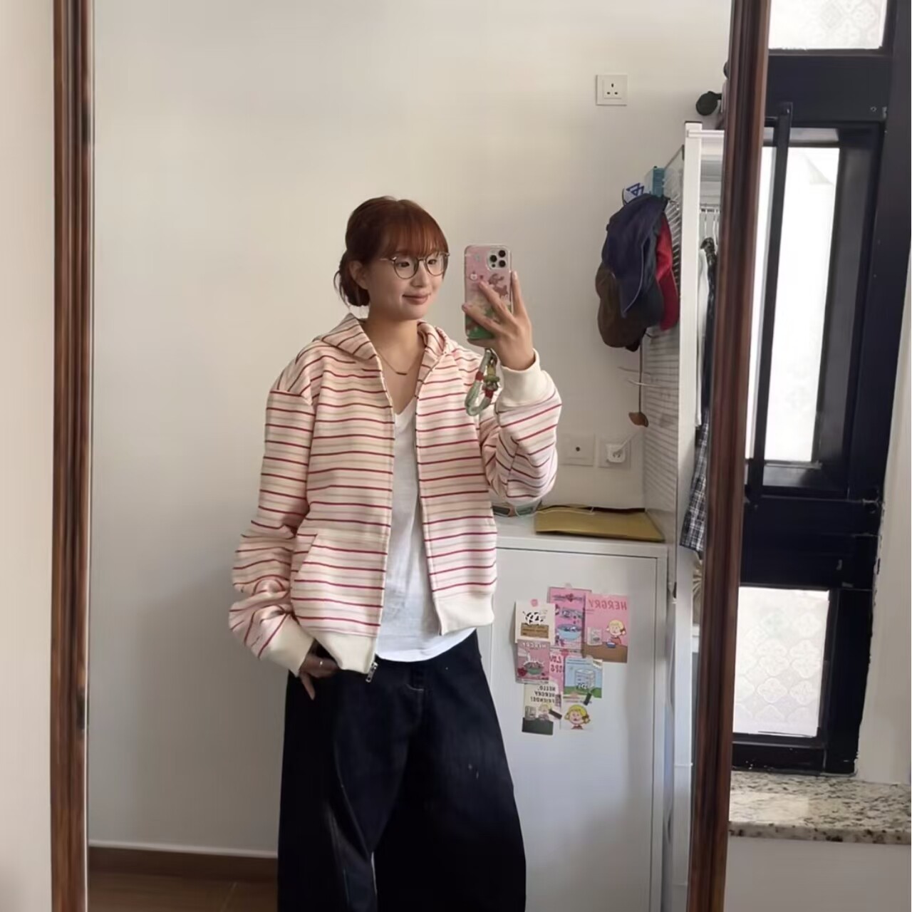 2026粉白条纹连帽拉链开衫女秋冬款港风chic显瘦宽松卫衣外套