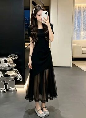 ZY621mm61法式赫本风蕾丝拼接连衣裙子女夏新款收腰鱼尾包臀长裙
