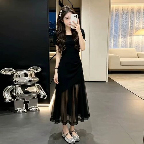 ZY621mm61法式赫本风蕾丝拼接连衣裙子女夏新款收腰鱼尾包臀长裙