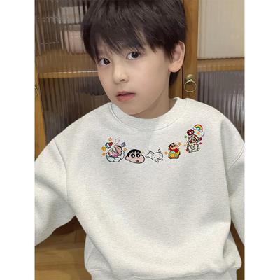 韩系潮流男童圆领卫衣秋季新款宽松加绒加厚小男孩花灰色无帽上衣